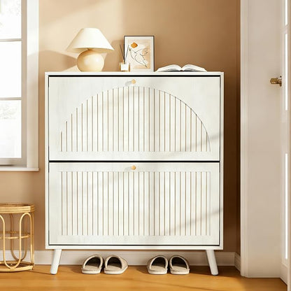 Fsbecl Shoe Storage Cabinet for Entryway with 2 Flip Drawers, Narrow Wood Shoe Cabinet with Fluted Panel, Freestanding Hidden Shoe Organizer for Foyer, Hallway (White - with Shelf)
