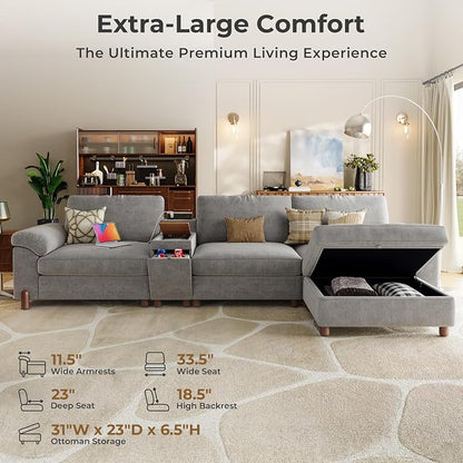 SITJOY Large Cloud Couch, 132" Wide 3 Seater Couch with Console, Light Gray | Detachable and Washable Chenille Cover Sectional Sofas for Living Room, Deep Seat Wide Couch with Chaise, Storage Ottoman