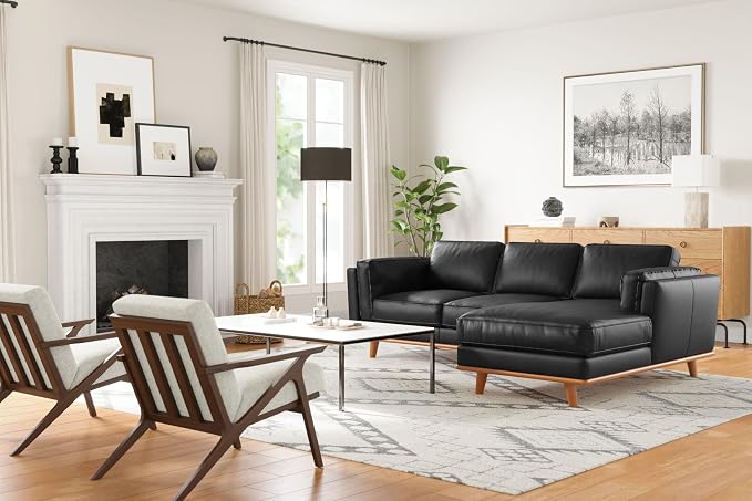 Valencia Artisan Full Leather Sofa - Right Chaise Sectional Couch - Pure Full Italian Nappa Leather Couch, Solid Wood Accent and Ultimate Comfort, Black