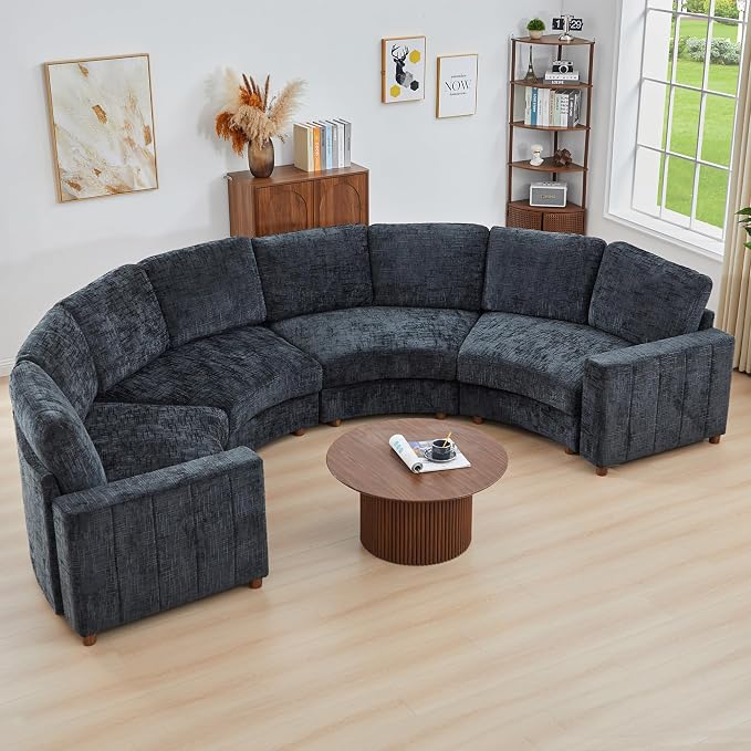 ORRD Curved Half Moon Sectional Sofa, Curved Couch with Deep Seat, Boucle Modular Sectional Sofa with Pillows, Chenille Comfy 4 Seat Couch for Living Room, Black Blue