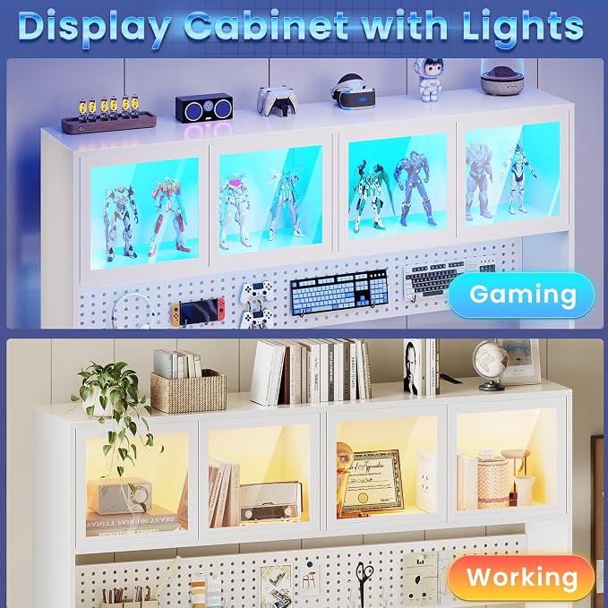 SEDETA 67" Standing L Shaped Gaming Desk, Office Computer Desk with Storage Hutch, Stand Up Corner Desk with Pegboard & Led Lights for Home Office, White
