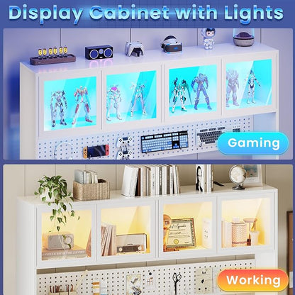 SEDETA 67" Standing L Shaped Gaming Desk, Office Computer Desk with Storage Hutch, Stand Up Corner Desk with Pegboard & Led Lights for Home Office, White