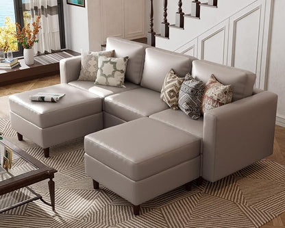 ABCASA Leather Oversized Modular Sectional Sofa with Ottoman, 5 Seater U Shaped Couch with Storage Seat, Comfy Pet-Friendly Faux Leather Couches for Living Room,Apartment,Gray
