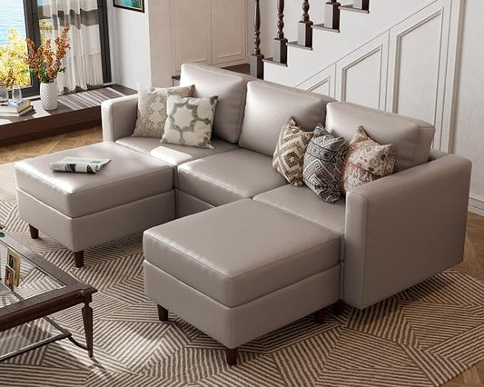 ABCASA Leather Oversized Modular Sectional Sofa with Ottoman, 5 Seater U Shaped Couch with Storage Seat, Comfy Pet-Friendly Faux Leather Couches for Living Room,Apartment,Gray