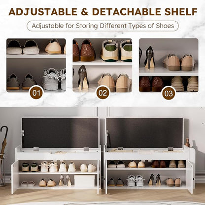 39.4" Storage Bench - Entryway Shoe Bench with Side Storage Shelves and 2 Doors, Multifunctional Entryway Bench with Lift Top Cushion, Shoe Storage Bench for Bedroom, Living Room, White