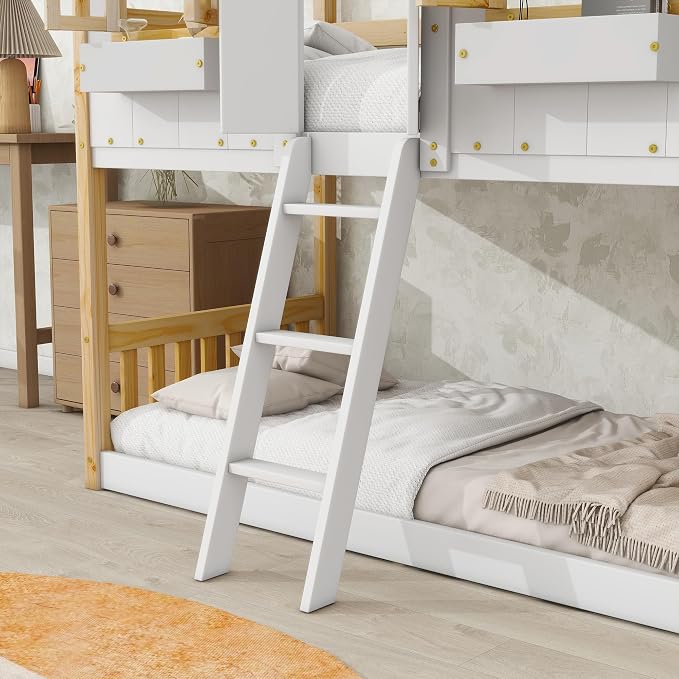 Twin over Twin House Bunk Bed with Roof,Windows,Door,Window Boxes,Safety Guardrails & Ladder,Pine Wood Frame,Low-Height Kids Bunk Beds for Bedrooms,Playful Loft Bed with Easy Assembly, Natural+White
