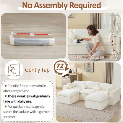115'' Cloud Boneless Sectional Couch, Modular Sectional Sofa Deep Seat with 2 Ottomans, Oversized Upholstered Convertible Comfy 5 Seater Chenille Sofa U Shape Couches for Living Room, Beige