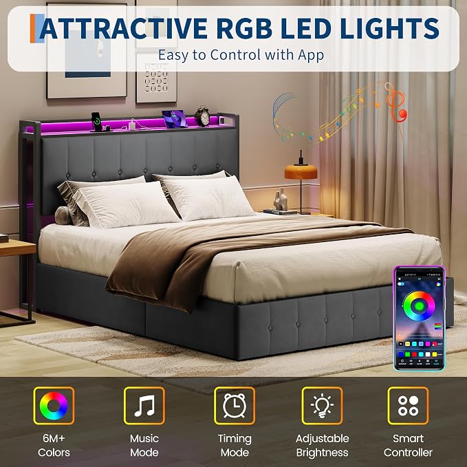 Garvee Queen Size Lift Up Storage Bed with LED Lights, Upholstered Velvet Bed Frame with Storage Headboard & Charging Station, Metal Platform Bed, No Box Spring Needed, Solid Wooden Slats, Grey