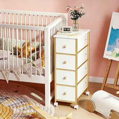 Narrow Storage Cabinet, Narrow Nightstand Dresser with 4 Drawers, Slim Fabric Dresser Storage Tower for Small Spaces, Gold Dresser for Bedroom, Bathroom, Laundry, Closet