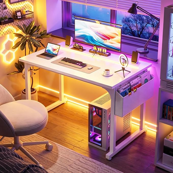 DurayLoly 40" Computer Desk with Waterproof LED Lights,Bedroom Study Desk for Teens,Dorm Room Essentials,Headphone Hook&Storage Bag for Small Spaces,Sturdy Metal Frame,White