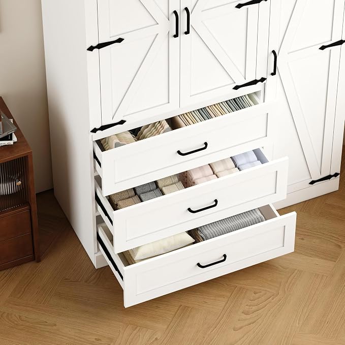 3 Door Armoire Wardrobe Closet Cabinet with 3 Drawers and Drawers, Farmhouse Bedroom Armoire with Hanging Rod and Adjustable Shelves, Large Capacity Storage Wardrobe Armoire for Bedroom, White