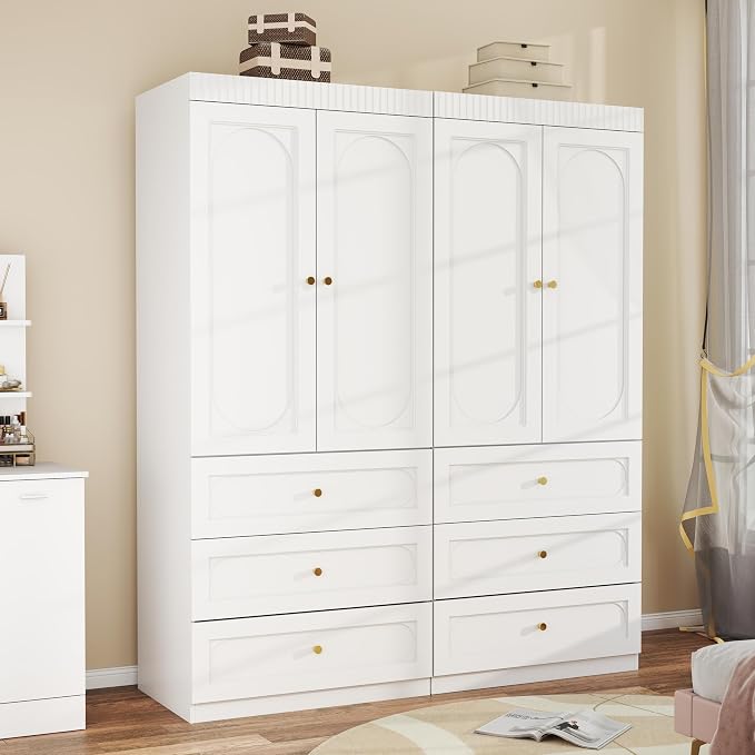 Wooden Wardrobe Closet with Doors: 75" Tall White Armoire Wardrobe Closet with 6 Drawers and 4 Doors, Modern Clothes Cabinets for Bedroom Armoires with Hanging Rod (6-Drawers, 63")