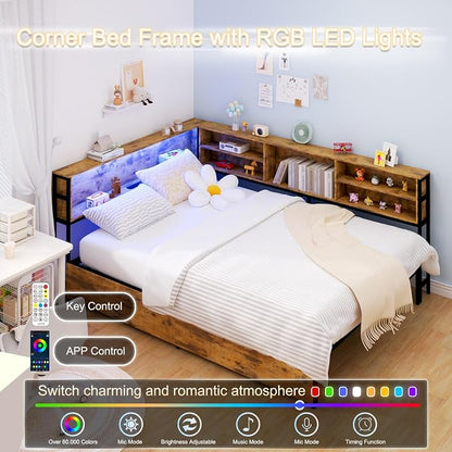 KEIKI Full Size Corner Bed Frames with Storage Drawers, Charging Station, Led Light & Bookcase Headboard, Wooden & Metal L-Shaped Captain Daybed for Small Room, Bedroom, Guest Room, kids'Room, Brown