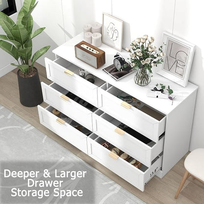 6 Drawer Dresser for Bedroom, Modern Long Chest with Large Drawer, Wooden Chest of Dresser Storage Cabinet Organizer Unit for Living Room, Cloakroom, Entryway, Hallyway (White)