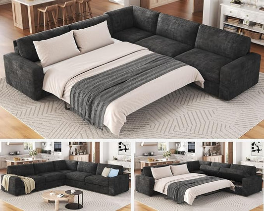 AMERLIFE 106" Oversized Sofa Bed, Sectional Sleeper Sofa with Pull Out Bed, 3 in 1 Convertible Sofa Bed, L Shaped Couch with Storage, High Resilience Mattress, Chenille Grey
