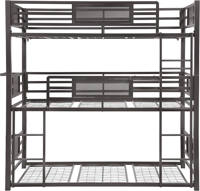 Coaster Home Furnishings Rogen Rustic Metal Twin Over Twin Over Twin Size Triple Bunk Bed Frame with Ladder and Guardrails Fully Slatted Mattress Ready Foundation Dark Bronze 460394T