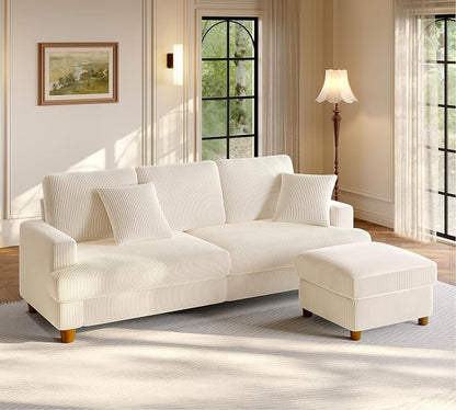 Welzona 87.2" Couches for Living Room, Comfy L Shaped Couch Beige 7.5" Thicker Cushion, Sofas for Living Room Tool-Free Setup, Loveseat with Ottoman 848lbs Support, Corduroy Couch for Bedroom, Office