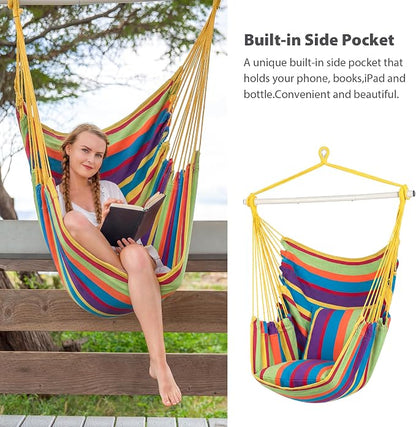 SUNCREAT Hammock Chairs Hammock Chair Swing with Steel Support Bar, Side Pocket, Large Swing Chair for Bedroom, Patio, Garden, Rainbow