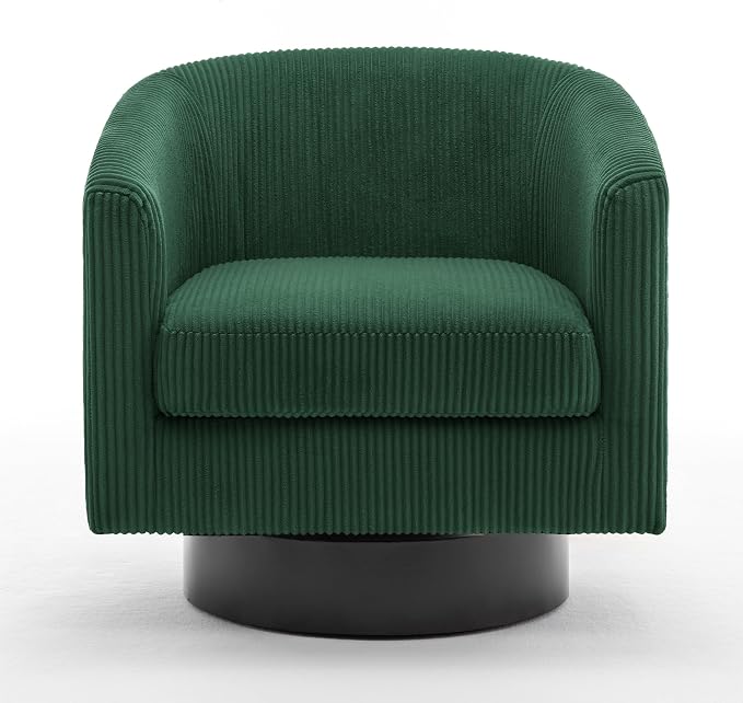 Swivel Accent Chair, Upholstered Corduroy Barrel Chair for Living Room, Small Single Sofa Bedroom Reading Seat, Dark Green