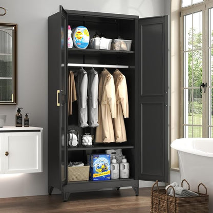 Metal Armoire Wardrobe Closet with 2 Doors, 71" Tall Wardrobe Closet with Doors, Hanging Rod, Drawers and Adjustable Shelves, Black Clothing Storage Cabinets for Bedroom, Home Office