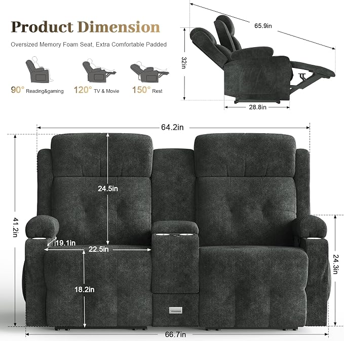 Fabric Reclining Loveseat, Massage Loveseat Recliner Sofa Heavy Weight Capacity, RV Love Seat Chair Clearance with Console, USB, Type C Port, Storage, Cup Holders, Wall Hugger Couch for Living Room