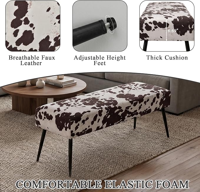 DUHOME Velvet Bench Ottoman, Upholstered Bedroom Benches Cow Print End of Bed Bench with Black Metal Base for Entryway Dining Room Living Room Bedroom, Brown
