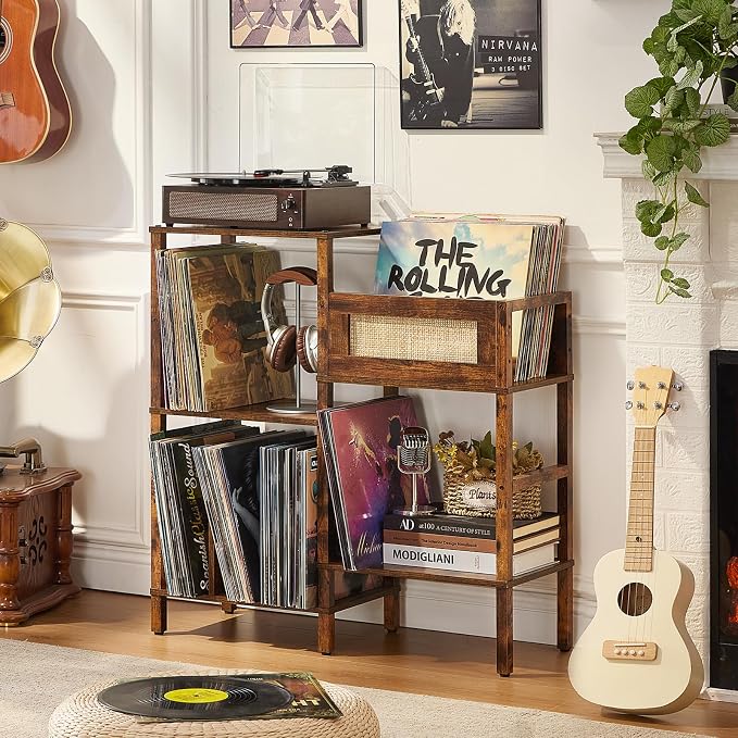 LELELINKY Record Player Stand, Vintage Brown Wood Record Holder with Vinyl Storage Holds up to 300+ Albums, 3-Tier Rattan Media Table with Vinyl Display Shelf, Record Storage Cabinet for Living Room