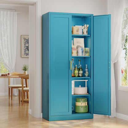 Metal Pantry Cabinet, 71"H x 28"W x 14"D Pantry Cabinets with 2 Doors and 4 Adjustable Shelves, Kitchen Pantry Storage Cabinets, Metal Storage Cabinet for Kitchen, Dining Room, Living Room-Blue