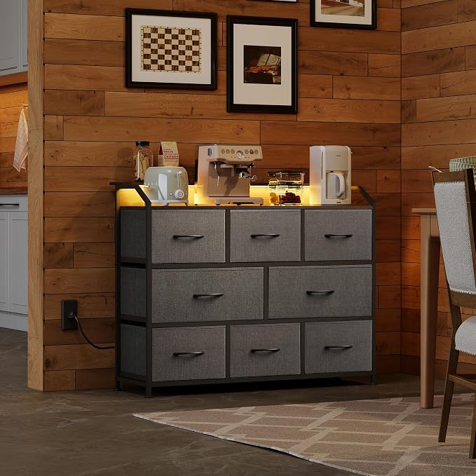 WLIVE Dresser TV Stand with Power Outlets, Led Dresser for Bedroom, Fabric Chest of Drawers with Double Open Shelves, Wood Top, Steel Frame, 6 Drawer Dressers for Closet, Living Room, Dark Grey