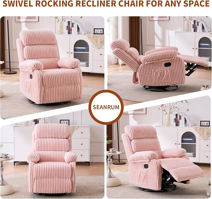 Snug-Cushioned Velvet 360° Swivel Recliner Chair - Gliding Rocking Chair Nursery Recliner, Generous Footrest, Padded Armrests & Side Pocket, Perfect for Nursery & Compact Spaces, Pink