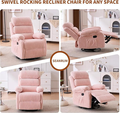 Snug-Cushioned Velvet 360° Swivel Recliner Chair - Gliding Rocking Chair Nursery Recliner, Generous Footrest, Padded Armrests & Side Pocket, Perfect for Nursery & Compact Spaces, Pink