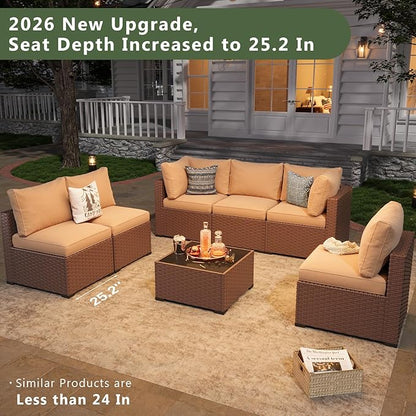 Aoxun 7 Piece Patio Furniture Set, Wicker Patio Sectional Sofa, Outdoor Furniture Set with Thickened Cushion, Brown