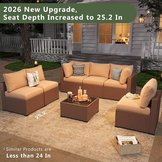 Aoxun 7 Piece Patio Furniture Set, Wicker Patio Sectional Sofa, Outdoor Furniture Set with Thickened Cushion, Brown