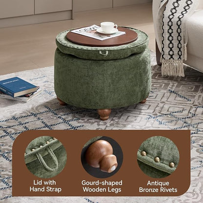 WUTUTUEE 24Inch Round Storage Ottoman with Tray, Modern Tufted Circle Coffee Table with Storage, Upholstered Ottoman with Removable Top for Living Room, Bedroom, Chenille Green