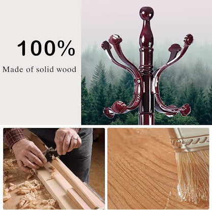 Wooden Coat Rack Freestanding, Hall Tree Hanger With Resin Hooks, Adjustable Heavy Duty Coat Rack for Hanging Clothes Bags Hats in Living Room Bedroom (coat rack, Round Base-Ruyi hook)