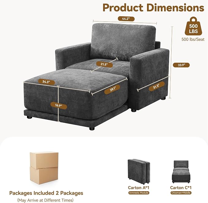 44.2" Chenille Oversized Chair with Movable Ottoman, Modular 1 Seat Couch with Thickened Cushions, Modern Single Sofa Chaise Lounge Reading Chair for Living Room, Small Apartment, Black
