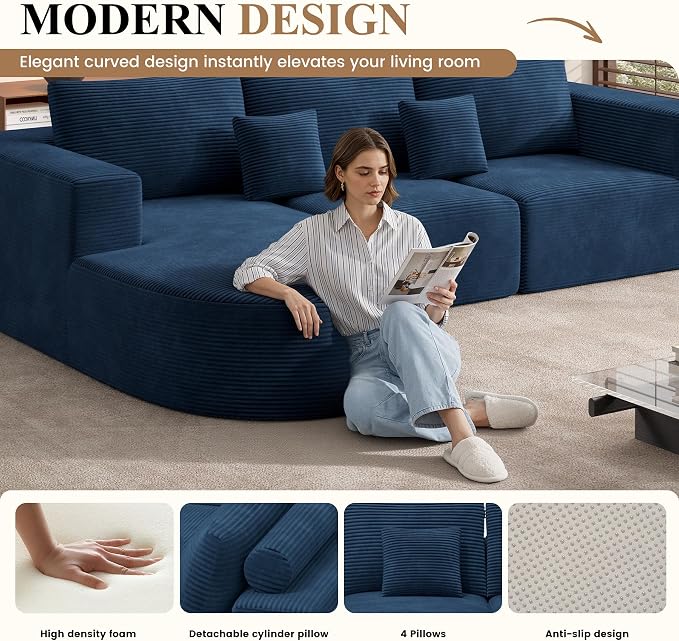 Modular Sectional Sofa Bed,Convertible Cloud Couches for Living Room,2 Chaise Corduroy Boneless Couch Sleeper Sofa Set,Oversized Chaise Lounge Chair for Bedroom,No Assembly Required,Blue 1PCS
