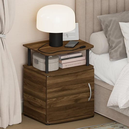 Furinno Jaya Night Stand with Door, Nightstand with Open Shelf and Door Cabinet, Round Corner Bedside Table, Side Table, End Table, for Bedroom, Closet, Dorm, Amber Pine