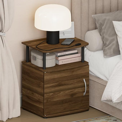 Furinno Jaya Night Stand with Door, Nightstand with Open Shelf and Door Cabinet, Round Corner Bedside Table, Side Table, End Table, for Bedroom, Closet, Dorm, Columbia Walnut