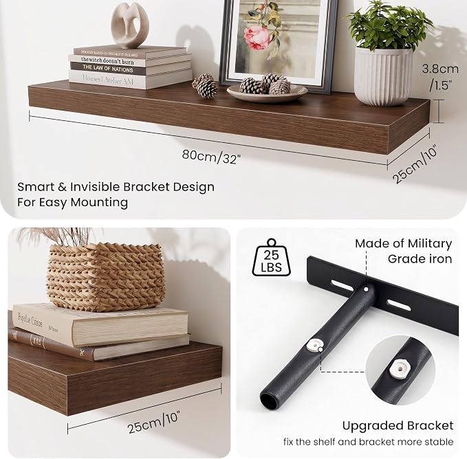 Fun Memories Floating Shelves for Wall, 32 Inch Long Floating Shelves Set of 2, 32 x 10 Wooden Shelves for Wall, Large Storage Shelves, Hanging Shelves for Bathroom Kitchen Bedroom, Walnut