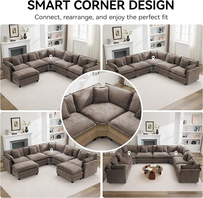 147'' Oversized U Shaped Cloud Sectional Sofa, Chenille Deep Seat Couches for Living Room, Comfy Upholstered Modular Sectional Sofa Couch, Brown