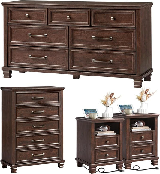 SAVOR LIFE Farmhouse Dresser and Nightstand Sets 4 Piece, 5/7 Drawer Dresser & 2 Drawer Nightstand Set, Rustic Wood Bedroom Furniture Set for Home, Bedroom, Hallway, Walnut