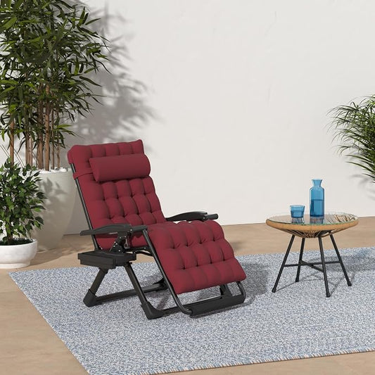 Slendor Oversized Zero Gravity Chairs XXL, 33IN Padded Zero Gravity Lounge Chair, Folding Reclining Patio Chair Lawn Recliner w/Aluminum Alloy Lock, Headrest, Cup Holder, Support 500lbs, Wine Red