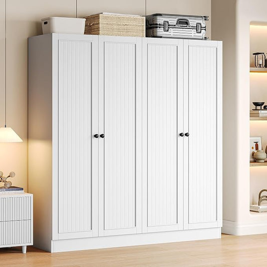 iPormis 4 Doors Armoire Wardrobe Closet with 2 Drawers, 63" Large Wardrobe Cabinet with Removable Hanging Rods and Adjustable Shelves, Closet Storage Cabinet for Bedroom, Cloak Room, White