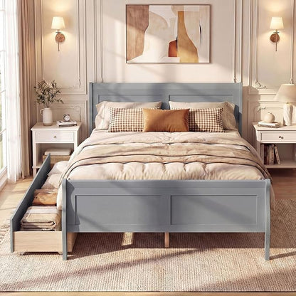 Giantex Full Bed Frame with 2 Storage Drawers, Wood Platform Bed with Headboard & Footboard, Wooden Slats Support Mattress Foundation, Sleigh Bedframe for Teens Adults, No Box Spring Needed (Grey)