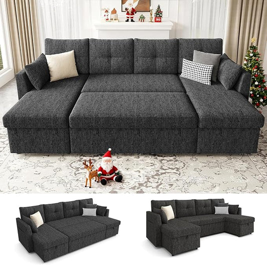 Huatean Home Oversized Sleeper Sofa Couch, 110 inch 2 in 1 Pullout Couch Bed with Side Pockets for Living Room, Sectional Sleeper Sofa Bed with Double Storage Chaise, Black