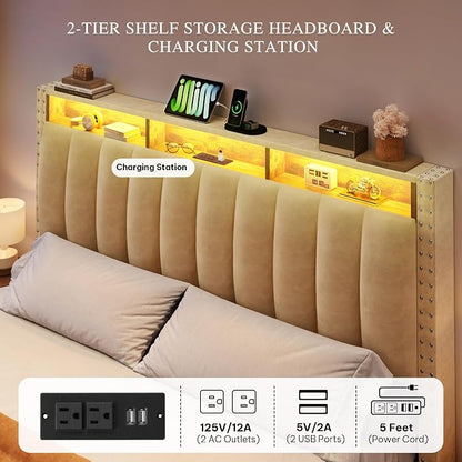 DWVO Full Size Bed Frame with 4 Storage Drawers and RGB LED Lights, Velvet Upholstered Platform Bed with Charging Station and Storage Headboard, No Box Spring Needed, Easy Assembly, Beige