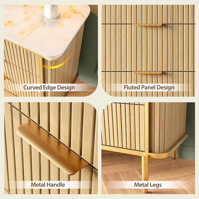 Fluted 6 Drawers Dresser for Bedroom, 55" Wide Modern Vertical Chest with Faux Marble Top, Dresser TV Stand, Wood Drawer Organizer for Living Room, Hallway