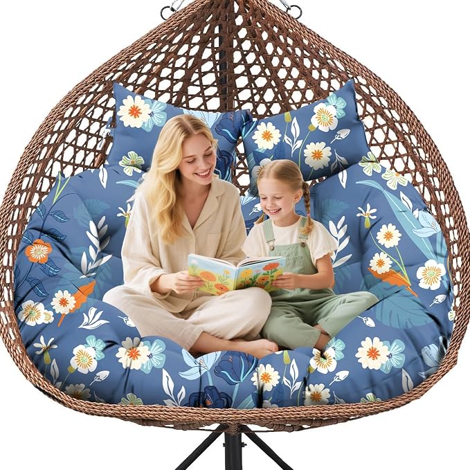 Double Egg Chair Cushion Replacement for Outdoor Patio Hanging Basket Egg Chairs, 59x43 Inch Thickened 100% Cotton Large Waterproof Double Eggs Swing Chair Cushions, Blue Peony