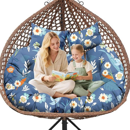 Double Egg Chair Cushion Replacement for Outdoor Patio Hanging Basket Egg Chairs, 59x43 Inch Thickened 100% Cotton Large Waterproof Double Eggs Swing Chair Cushions, Blue Peony